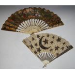TWO 19TH CENTURY FANS, ONE WITH SILVERED SEQUIN DETAIL DEPICTING CRESCENT SHAPED MOON AND STARS, THE