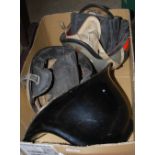 BOX - A VINTAGE FIREMANS HELMET, TWO VINTAGE MOTORCYCLE HELMETS, GLOVES AND GOGGLES