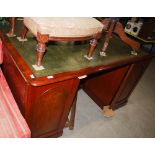 *A LATE 19TH / EARLY 20TH CENTURY MAHOGANY PARTNERS DESK, THE ROUNDED RECTANGULAR TOP WITH GREEN AND