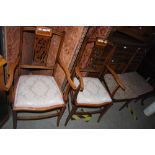 PAIR OF EDWARDIAN MAHOGANY AND SATINWOOD BANDED ELBOW CHAIRS, TOGETHER WITH A PAIR OF MID-CENTURY