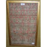 EARLY 19TH CENTURY NEEDLEWORK SAMPLER BY BETSEY BROWN, DATED 1813, WORKED IN RED AND GREEN