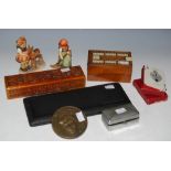 BOX OF ASSORTED ITEMS TO INCLUDE CASED DRAWING INSTRUMENT SET BY 'C. RIEFLER', CARVED WOODEN