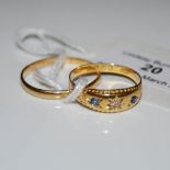 AN 18CT GOLD WEDDING RING, TOGETHER WITH AN 18CT GOLD DIAMOND CHIP AND SYNTHETIC SAPPHIRE THREE