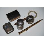 COLLECTION OF SILVER TO INCLUDE A CYLINDRICAL INK BOTTLE AND STOPPER, MAKERS MARK OF 'S.M.',