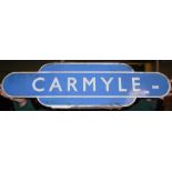 RAILWAYANA - A BRITISH RAILWAYS SCOTTISH REGION ENAMEL TOTEM SIGN, 'CARMYLE', 91CM WIDE.