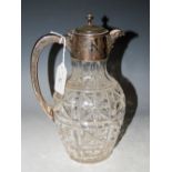 BIRMINGHAM SILVER MOUNTED CUT GLASS CLARET JUG, 23.5CM HIGH.