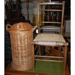 A GROUP OF FURNITURE TO INCLUDE RUSH SEATED SIDE CHAIR, OVAL SHAPED OAK SIDE TABLE AND A WICKER