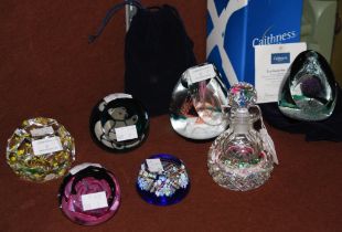 SEVEN ASSORTED PAPERWEIGHTS TO INCLUDE CAITHNESS GLASS BUD ROSE INKWELL AND STOPPER, BOXED CAITHNESS