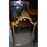 GILT FRAMED WALL MIRROR WITH RIBBON TIED SURMOUNT, TOGETHER WITH AN OAK FRAMED RECTANGULAR WALL
