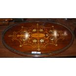 LATE 19TH CENTURY ROSEWOOD AND MARQUETRY INLAID OVAL TRAY WITH PIERCED GILT METAL GALLERY.