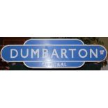 RAILWAYANA - A BRITISH RAILWAYS SCOTTISH REGION ENAMEL TOTEM SIGN, 'DUMBARTON CENTRAL', 91CM WIDE.