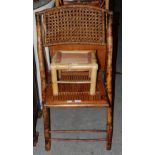 BAMBOO FOLDING CHAIR TOGETHER WITH FIVE ASSORTED BAMBOO OCCASIONAL TABLES.