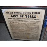 RAILWAYANA, AYR AND MAYBOLE JUNCTION RAILWAY INTEREST, A 19TH CENTURY PRINTED LIST OF TOLLS DATED