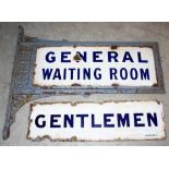 RAILWAYANA - A VINTAGE CAST IRON AND DOUBLE-SIDED ENAMEL PLATFORM SIGN INSCRIBED 'GENERAL WAITING