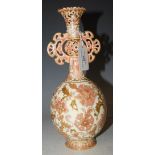 ZSOLNAY PECS OF HUNGARY TWIN-HANDLED VASE, THE VASE OF OVOID FORM WITH LONG NECK FEATURING PIERCED