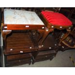 GROUP OF FURNITURE COMPRISING PAIR OF STAG BEDSIDE TABLES, TWO CABRIOLE LEG DRESSING TABLE STOOLS.