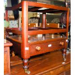 LATE 19TH CENTURY MAHOGANY THREE-DIVISION CANTERBURY FITTED WITH SINGLE FRIEZE DRAWER ON TURNED