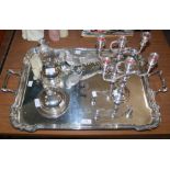 EARLY 20TH CENTURY ELECTROPLATED TWIN-HANDLED RECTANGULAR SERVING TRAY, TOGETHER WITH A PAIR OF