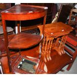 GROUP OF FURNITURE MAHOGANY COFFEE TABLE, A REPRODUCTION MAHOGANY TWO-TIER CORNER STAND AND A NEST