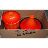 BOX - ORANGE 'LE CREUSET' CERAMIC JAR AND COVER, AND A 'LE CREUSET' TAGINE.