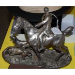 EARLY 20TH CENTURY SILVERED SPELTER FIGURE GROUP OF HUNTSMAN ON HORSEBACK AND TWO HOUNDS.