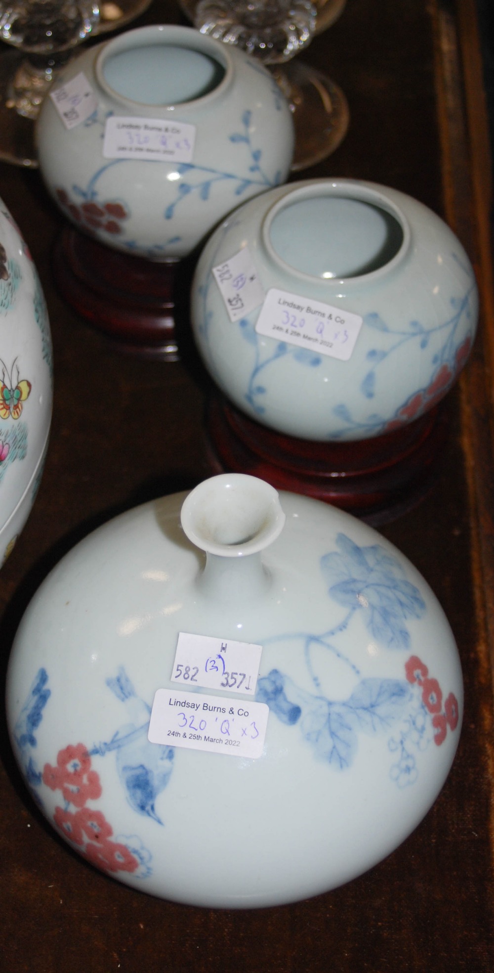 THREE ASSORTED JAPANESE BLUE, WHITE AND COPPER RED PORCELAIN VASES