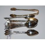 SET OF TWELVE SHEFFIELD SILVER TEASPOONS AND MATCHING TONGS, 5.3 TROY OZ.