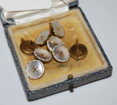 PAIR OF YELLOW METAL AND MOTHER OF PEARL CUFFLINKS STAMPED '18', TOGETHER WITH FOUR SIMILAR YELLOW