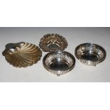 LONDON SILVER SHELL-SHAPED DISH, TOGETHER WITH A BIRMINGHAM SILVER HEART-SHAPED DISH AND A PAIR OF