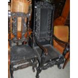 AN EBONISED JACOBEAN STYLE ARMCHAIR, THE RECTANGULAR BACK WITH PIERCED FOLIATE AND SCROLL CARVED