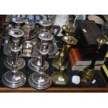 SET OF FOUR SHEFFIELD PLATE CANDLESTICKS, PAIR OF BRASS HEXAGONAL SHAPED CANDLESTICKS AND A