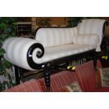 *A 19TH CENTURY EBONISED AND GILT METAL CHAISE LONGUE, THE STRIPED UPHOLSTERED BACK, ARMS AND SEAT