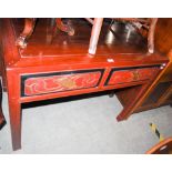 A 20TH CENTURY CHINESE DARK WOOD SIDE TABLE WITH TWO FRIEZE DRAWERS, EBONISED RED AND GILT PAINTED