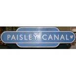 RAILWAYANA - A BRITISH RAILWAYS SCOTTISH REGION ENAMEL TOTEM SIGN, 'PAISLEY CANAL', 92.5CM WIDE.