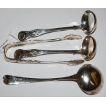 FOUR PIECES OF GEORGIAN AND VICTORIAN FLATWARE, INCLUDING A GEORGE III SILVER LADLE, A PAIR OF