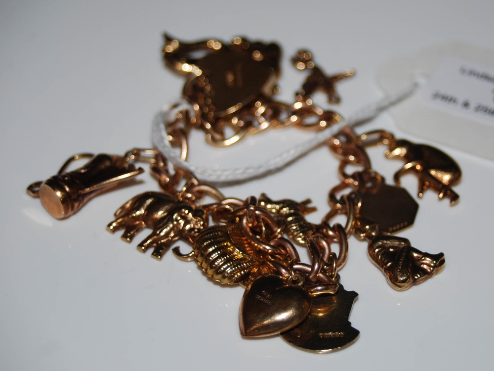 A 9CT GOLD CHARM BRACELET SUSPENDING THIRTEEN ASSORTED CHARMS, GROSS WEIGHT 29.3 GRAMS.