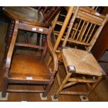 TWO CHILDRENS CHAIRS, ONE MAHOGANY THE OTHER BAMBOO WITH WOVEN RUSH SEAT.