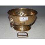 BIRMINGHAM SILVER FOOTED BOWL WITH LION MASK AND RING-SHAPED HANDLES, TOGETHER WITH A BIRMINGHAM