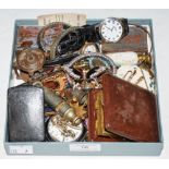 BOX OF ASSORTED ITEMS TO INCLUDE WRISTWATCHES, WHISTLES, POCKET WATCH, THIMBLE, VESTA HOLDERS,