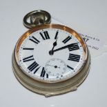 EARLY 20TH CENTURY WHITE METAL CASED 'GOLIATH' POCKET WATCH, THE BLACK AND WHITE ENAMEL DIAL WITH
