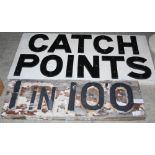 RAILWAYANA - A GROUP OF FIVE WOOD AND METAL GRADIENT SIGNS INSCRIBED 'CATCH POINTS, 1 IN 450, 1 IN