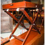 MAHOGANY BUTLERS TRAY ON FOLDING STAND, TOGETHER WITH ANOTHER FOLDING STAND