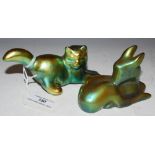 TWO ZSOLNAY PECS OF HUNGARY LUSTRE ANIMAL FIGURES INCLUDING A FAWN AND CAT, BOTH IN GREEN/ YELLOW/