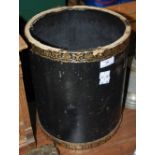 MID-20TH CENTURY BLACK AND GILT TOOLED LEATHER CYLINDRICAL WASTE PAPER BIN.