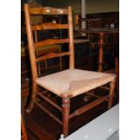 EARLY 20TH CENTURY BEECH WOOD LADDER BACK CHAIR WITH WOVEN RUSH SEAT, TOGETHER WITH A GREEN