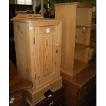 A VINTAGE PINE BEDSIDE CUPBOARD WITH SINGLE PANELLED DOOR TOGETHER WITH A PINE OPEN BOOKCASE OF