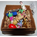 BOX CONTAINING COLLECTION OF LITTLE HAND-PAINTED WOODEN DANCING DOLLS, MINIATURE CARVED WOOD
