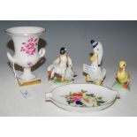 FIVE SMALL PIECES OF HEREND PORCELAIN INCLUDING TWO FIGURES OF DUCKS, A FIGURE OF A MAN RIDING