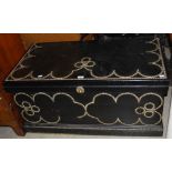 *A 19TH CENTURY EBONISED PINE BLANKET BOX WITH LATER BRASS STUDDED DETAIL