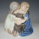 ROYAL COPENHAGEN PORCELAIN FIGURE OF TWO CHILDREN AND A DOG, THREE BLUE WAVE MARK TO THE BASE AND